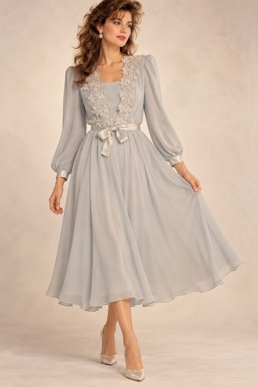 Vtg 90s Ursula Switzerland Petite 10 Gray Blue Chiffon Lace Midi Dress Romantic